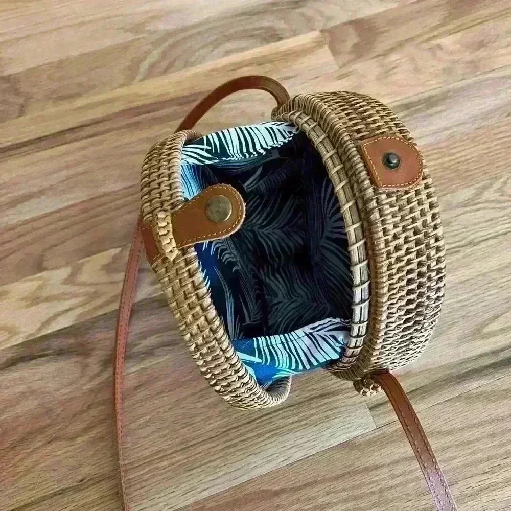 Round Rattan Bag Shoulder Leather Straps Bag